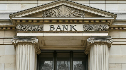 Obraz premium Volumetric Bank sign on city building in financial district, symbolizing banking and finance.