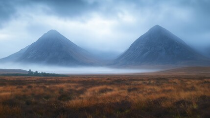 Fototapeta premium Misty mountain landscape with dramatic clouds and golden autumn fields