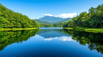 Fototapeta premium Serene Landscape with Calm Lake and Reflections of Lush Mountains