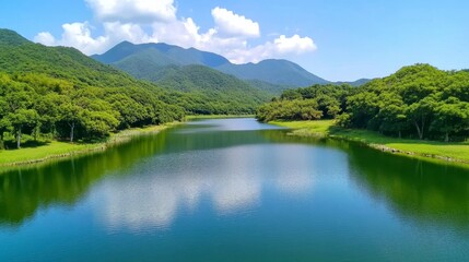 Fototapeta premium Serene Lake Surrounded by Green Mountains and Lush Forests