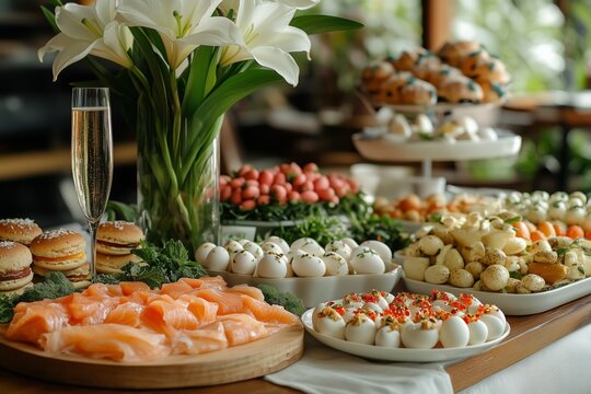 Elegant Easter Brunch Table with Gourmet Dishes and Champagne. Luxury Easter Celebration with Salmon, Macarons, and Sparkling Wine