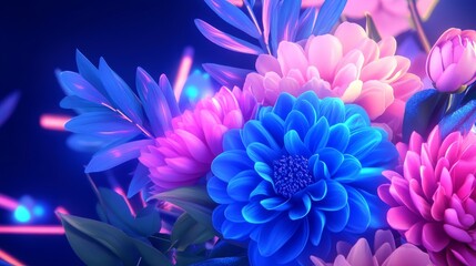 Vibrant floral arrangement featuring blue and pink flower with glowing elements in a colorful backdrop
