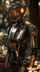 Fototapeta premium Chrome robot in park, sunset, nature background, AI concept