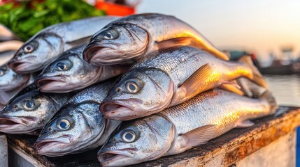 Fish Market and Aquaculture Concept, Fresh Fish Displayed at Sunrise Market with Beautiful Aquaculture Setting and Vibrant Colors