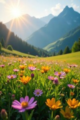 Morning sunlight illuminates mountain meadow flowers, flower field, peaceful, wildflowers