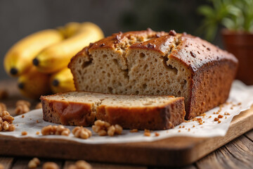 Homestyle Walnut Banana Bread in Rustic Kitchen Setting