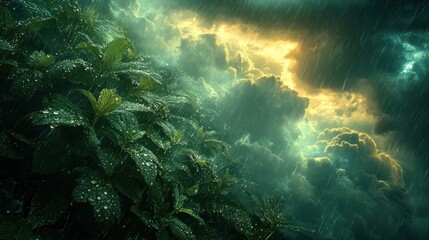 Fototapeta premium Rainy Day in the Lush Green Foliage