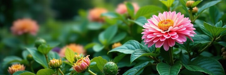 Fototapeta premium Overgrown mum plant with green foliage and blooming flowers, botanical, overgrowth