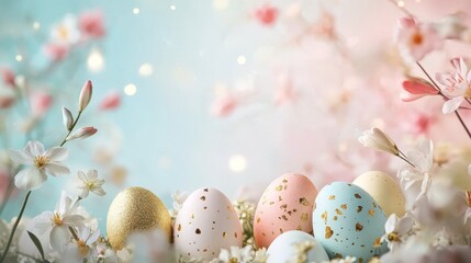 Fototapeta premium Colorful Easter Eggs Decorated with Flowers in a Spring Setting