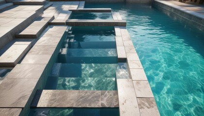 Obraz premium Poolside view of clear water with steps and tiles, clear, water, poolside