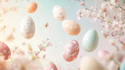 Fototapeta premium Colorful Easter Eggs with Flowers and Soft Background Aesthetic