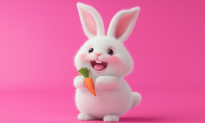 Fototapeta premium cute little fluffy rabbit holding carrot isolated on color background copy space for text