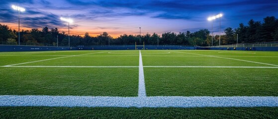 A tennis court at dusk, illuminated by floodlights under a colorful sky.