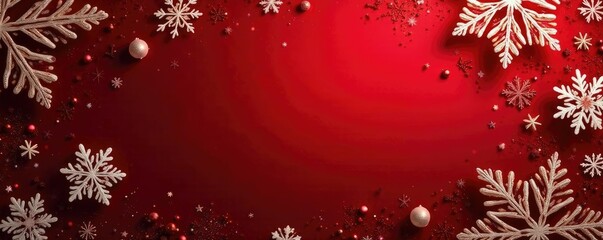 Red velvet background adorned with intricate Christmas snowflakes, winter, intricate