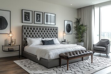 Fototapeta premium Elegant gray leather bed with stylish headboard in spacious modern bedroom, surrounded by contemporary furniture and decor, white walls with black art, glass table, armchair, and dark wood bench.
