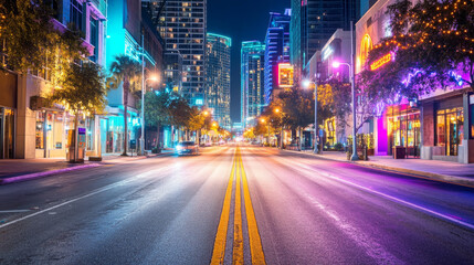 Obraz premium Background of empty street at night, neon light, asphalt, concrete