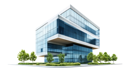 Modern office building with transparent background surrounded by green trees