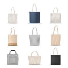 Canvas bags different shape and color for personal goods carrying set realistic vector