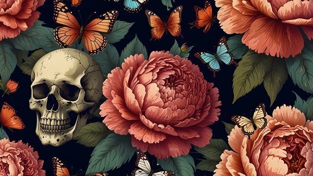 Vintage floral seamless wallpaper with skulls, peonies, butterflies. Generative AI