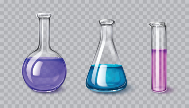 Chemistry laboratory glassware set of 3d transparent vessels with colorful liquids - round flask with purple solution, conical beaker with blue fluid and cylinder test tube with pink substance.