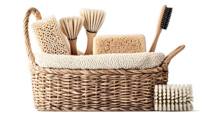 Bamboo Bath Brushes Sponges and Towel in Basket