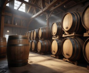 Scotch barrels maturing in a dusty warehouse with old wooden beams, aging cellar, traditional craft, Scottish whisky, heritage