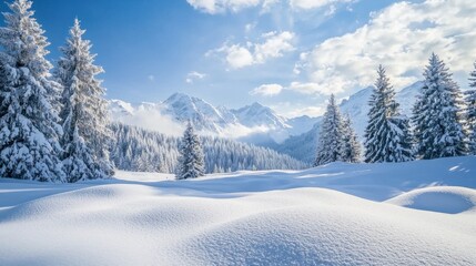 Fototapeta premium A breathtaking winter landscape, featuring snow-covered mountains and pine trees under a bright blue sky. A serene and peaceful winter wonderland scene.
