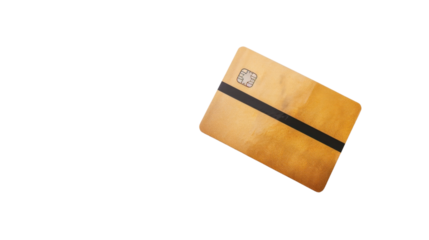 Golden credit card floating on transparent background with microchip and magnetic stripe