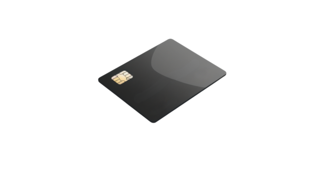 Black credit card with chip on transparent background