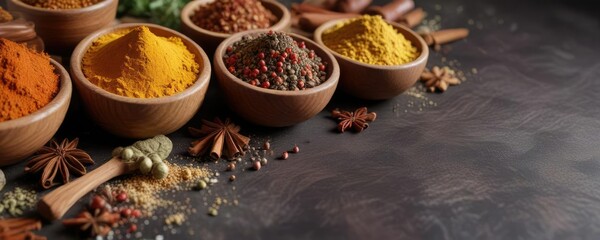 Selection of aromatic spices in wooden bowls including garam masala, fenugreek, mustard powder, and smoked paprika, culinary essentials, flavorings, fragrant