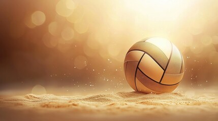 Fototapeta premium A close-up of a volleyball resting on soft sand, illuminated by warm sunlight, capturing the essence of beach sports and outdoor activities.