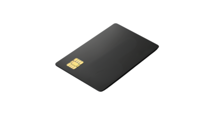 Black credit card with gold chip on transparent background