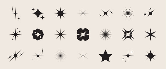 Star icons and twinkling vector shapes, including sparkles, sunbursts, and light flares. Collection of abstract shining designs. Set isolated on a white background.