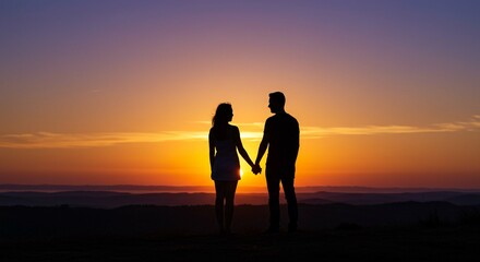 Fototapeta premium Romantic Couple Silhouetted at Sunset Holding Hands Scenic View