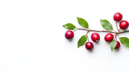 Obraz premium Fresh Red Berries with Leaves on White Background for Design Projects