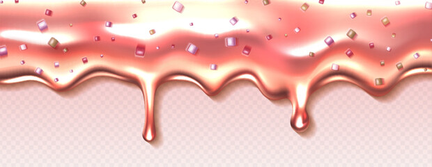 Pink cream drip texture isolated on transparent background. Vector realistic illustration of strawberry jam border with marshmallow decoration, sweet candy melting on dessert, cake or donut decoration