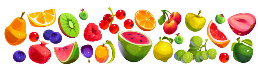 Summer fruit set isolated on white background. Vector cartoon illustration of whole and cut pieces of watermelon, strawberry, kiwi, pear, apple, lemon, orange, pomegranate, raspberry, organic food