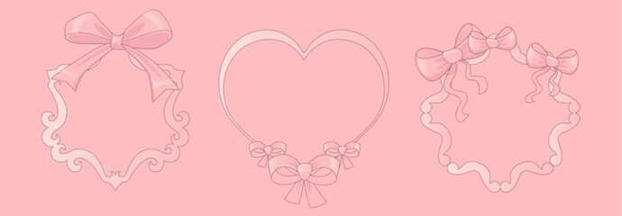 Coquette pink frames with decorative ribbon bows. Elegant contour border set - wavy round, romantic heart shape, curved oval outline. Delicate line art design elements with ornamental bowknot.