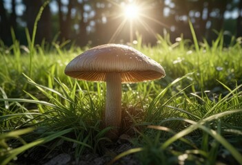 Shot of a mushroom growing among the blades of grass, with sunlight filtering through, , grass growth