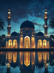 An Islamic mosque with three domes and minarets illuminated at night, with stars in the sky, a beautiful mosque buildin