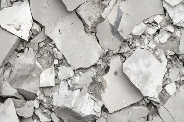 Broken concrete debris scattered on the ground near a construction site after demolition in urban environment