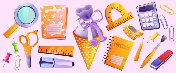 School supplies with festive cone and purple bow decoration - magnifying glass and scissors, notebook and calculator, pencil and pushpins, clips and eraser. First grade celebration stationery set.