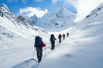 A group of adventurers trekking through a snow-covered mountain landscape, showcasing the beauty of nature and the spirit of exploration.