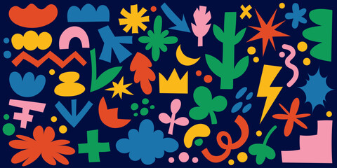 Abstract shapes. Organic vector graphic with funky stickers of stars flower and clouds. Doodle blobs and cute hand drawn playful trendy art. 90s design set with aesthetic elements and figures.