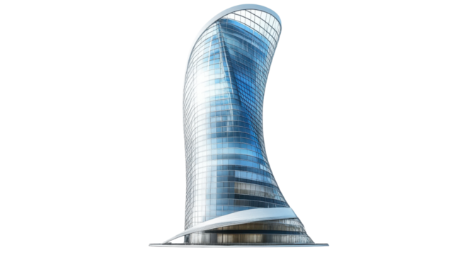 Modern skyscraper twisting into the sky with transparent background