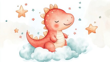 A charming illustration of a fluffy red dinosaur sitting peacefully on clouds surrounded by colorful stars, capturing a whimsical and dreamy atmosphere.