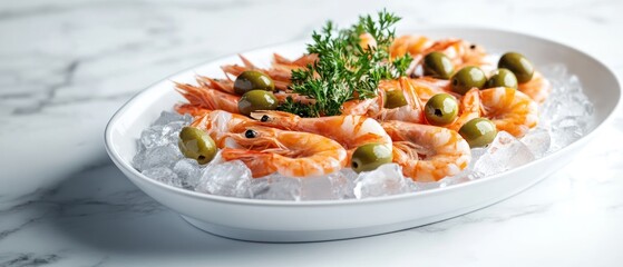 A platter of shrimp on ice garnished with olives and herbs.