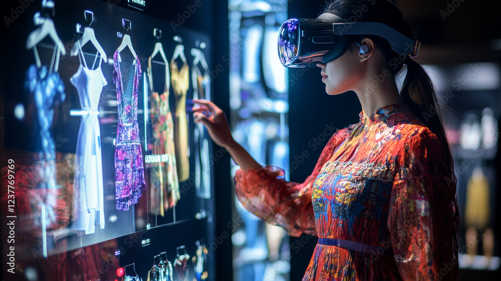 Wall mural two multi ethnic tailors in vr headsets in atelier. 3d female hologram of garment pattern. virtual i