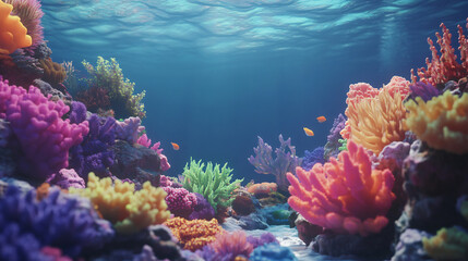 Obraz premium coral reef underwater marine ecosystem ocean flora deep sea beauty tropical aquatic life biodiversity sunlight reflection underwater photography nature exploration vivid blue wallpaper