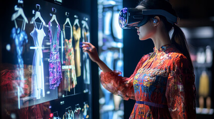 Obraz premium Two multi ethnic tailors in VR headsets in atelier. 3D female hologram of garment pattern. Virtual interface menu of program for designing and modeling clothes. Concept of AR modern technologies.